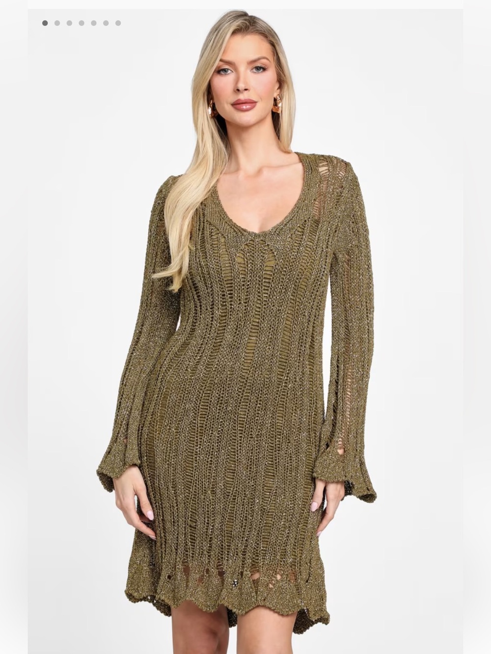 Marciano Olive Crochet V-Neck Dress - Size M